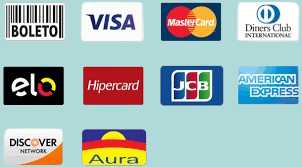 boleto, visa, mastercard, diners, elo, hipercard, jbc, american express, discover e aura aceitos